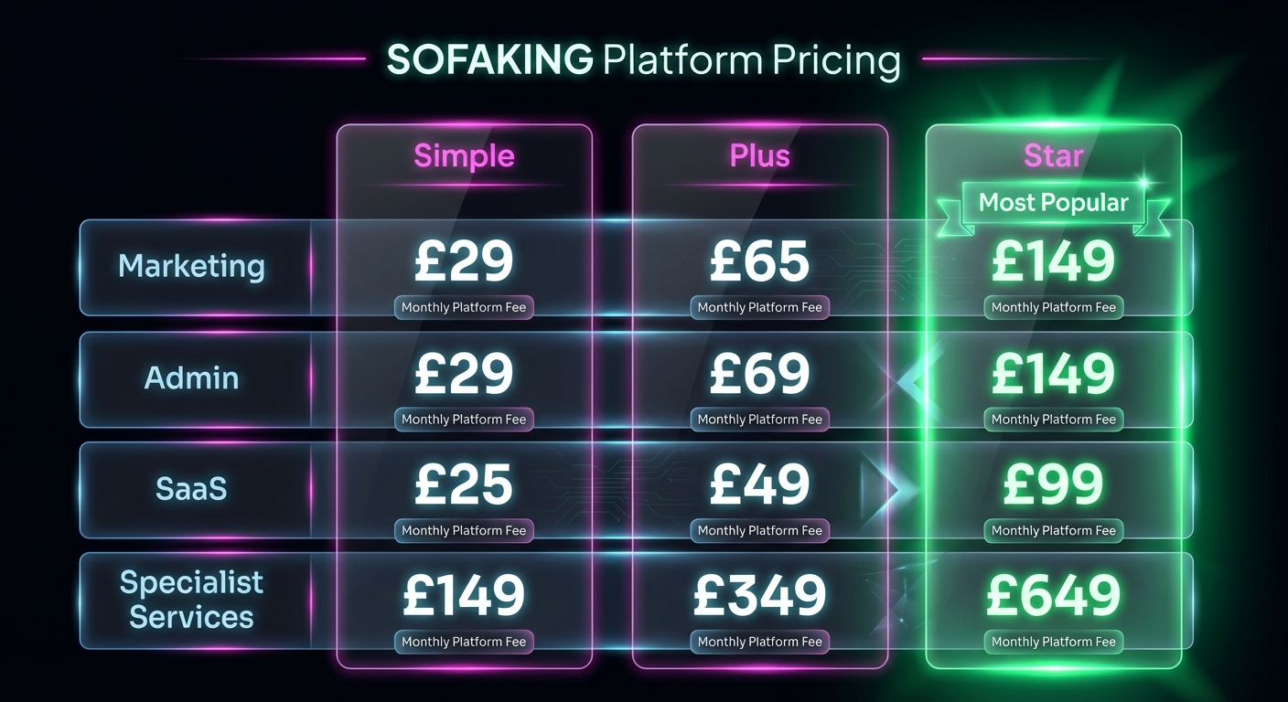 Pricing comparison across SOFAKING Simple, Plus, and Star website packages