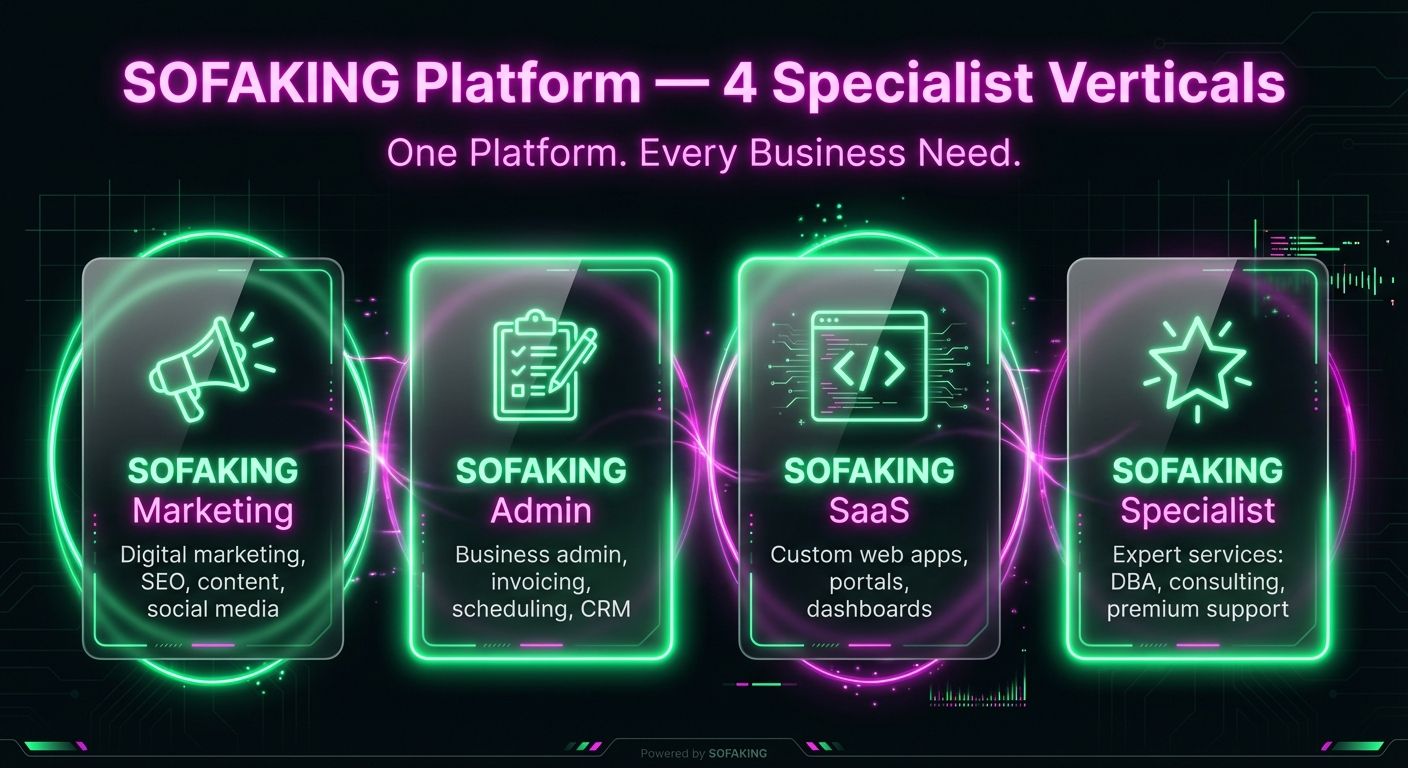 Overview of SOFAKING verticals: Marketing, Admin, SaaS, and Specialist Services